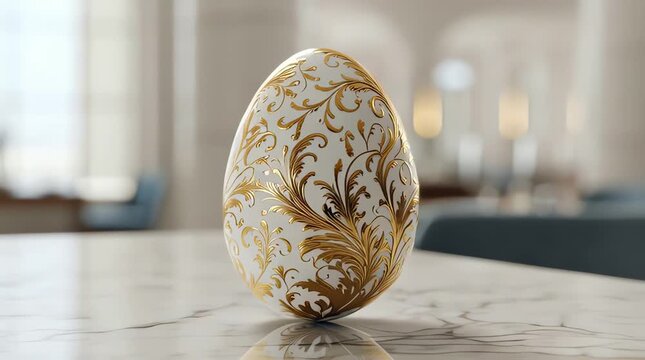 a decorative collectible egg, specifically a luxury white egg featuring intricate gold filigree or floral patterns, often styled as a Faberge-style egg or a refined Easter decoration. 
Design: Intrica