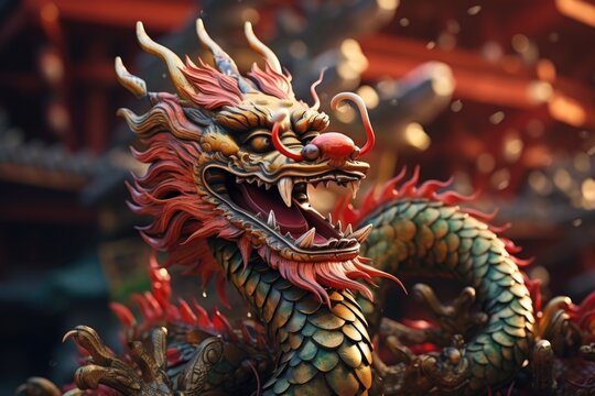 A close-up view of a detailed dragon statue. This image can be used to add a touch of fantasy and mystique to various projects.