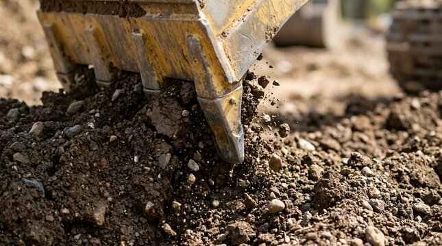 Close up of excavator bucket teeth digging into rocky soil. Heavy machinery earthmoving on a construction site. Detail of industrial digging equipment