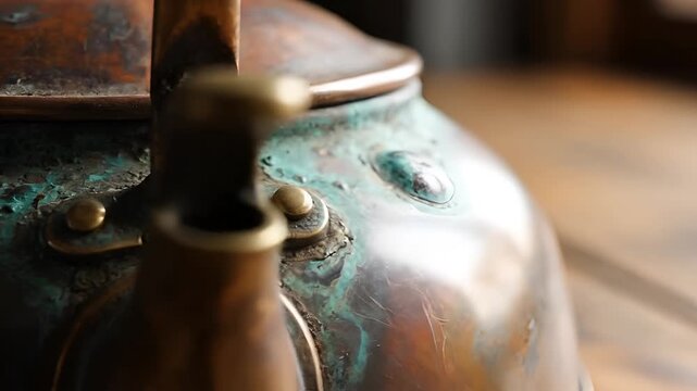 Close-up of an antique copper kettle with patina and verdigris.