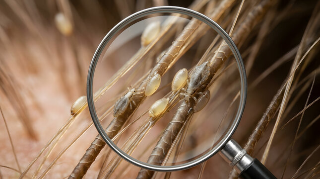 Close up view of head lice and nits on human hair strands through a magnifying glass.