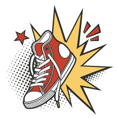 Retro comic pop art sneaker illustration featuring red canvas high top shoe with halftone dots and yellow blast burst on clean white background © A
