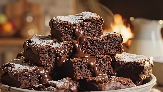A towering pile of rich chocolate brownies dusted with powdered sugar and drizzled with chocolate sauce, presented in a cozy setting