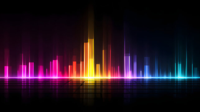 Bright sound wave with colorful bars on a dark background with grid reflection