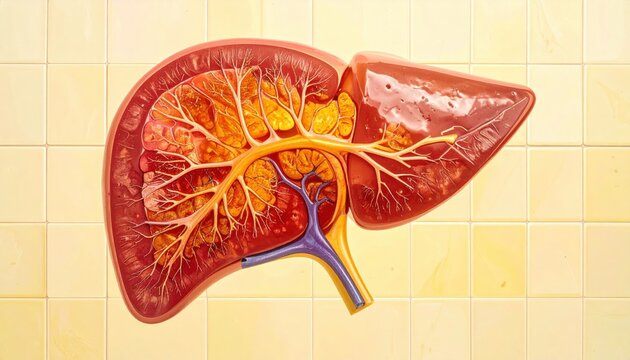 Detailed cross-section illustration of a healthy human liver showcasing intricate vascular and ductal systems