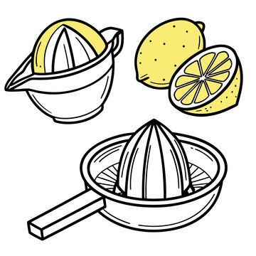 Hand drawn lemon juicer and fresh lemons vector set for kitchen cooking and healthy lifestyle illustrations isolated on white background graphics