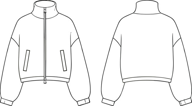 Bomber jacket front and back view outline template, casual outerwear apparel mockup for fashion design, zip jacket vector illustration isolated