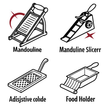 Set of four outline kitchen mandoline slicer icons, various designs of handheld and table-mounted graters, isolated vector illustration on white background