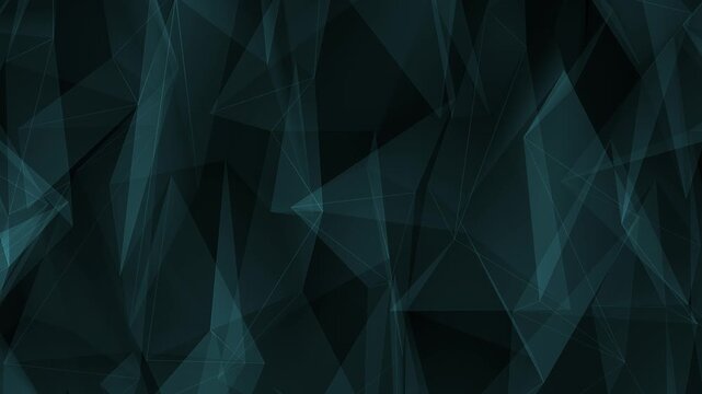Dark abstract polygonal background with transparent geometric triangles and glowing lines, creating a futuristic low poly technology pattern with subtle motion.