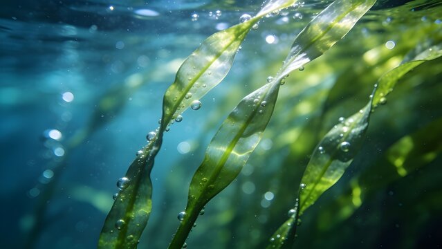 Underwater Macro Rare Long-Stalked Pondweed Potamogeton Praelongus Slender Leaves Pearling Oxygen Bubbles Serene Pond Wellness Abstract