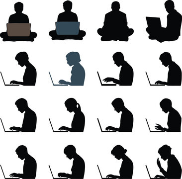 People using laptops in various seated positions icon.