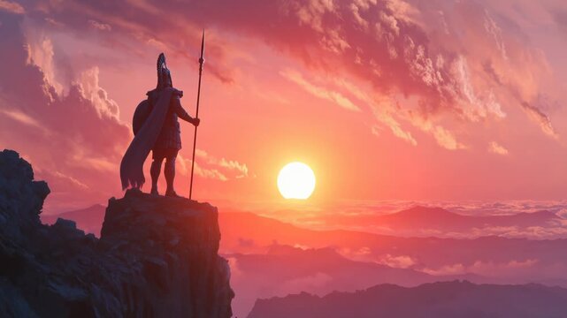 Zeus stands tall on a mountain top as the sun rises in the early morning sky over the landscape