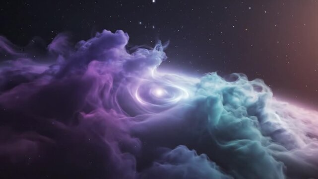 A vibrant, swirling galaxy with purple and blue clouds against a starry night sky with a bright
