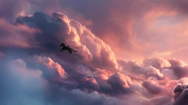Pegasus fly through colorful clouds at sunset over a landscape in an animated creation