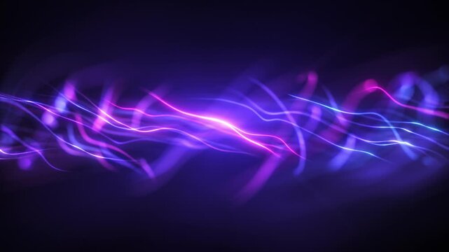 Abstract neon light waves flowing in purple and blue colors with glowing streaks and smooth motion, creating a futuristic energy stream background.