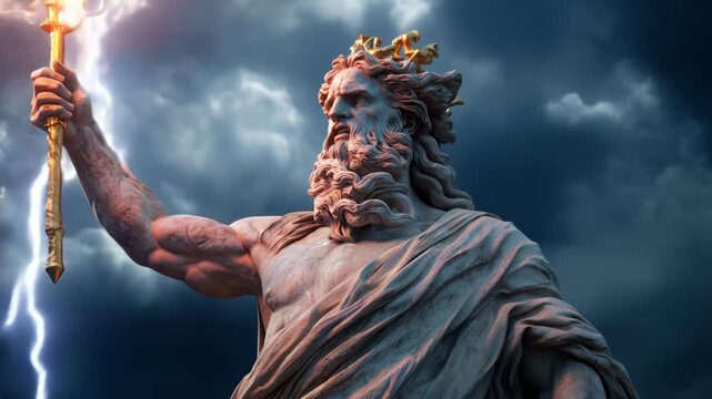 Zeus commands lightning from the sky in a powerful display of his might and authority in ancient Greece