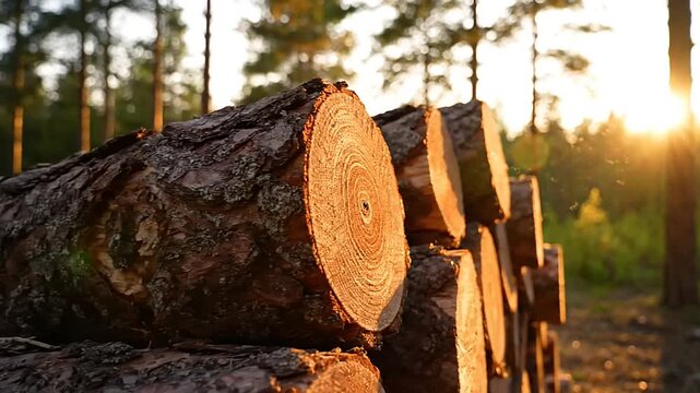 Stacked Pine Logs with Prominent Knots and Natural Imperfections in Warm Sunlight