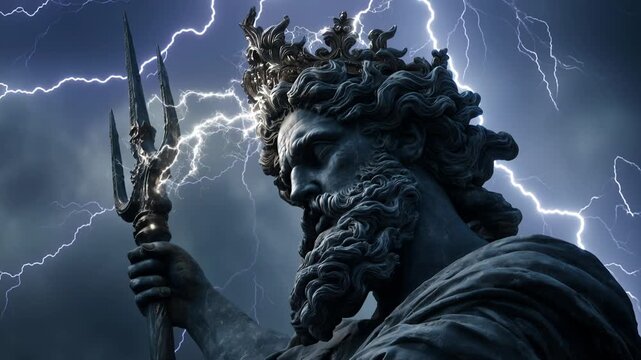 Zeus stands tall with lightning striking in the dark sky above during a storm at night