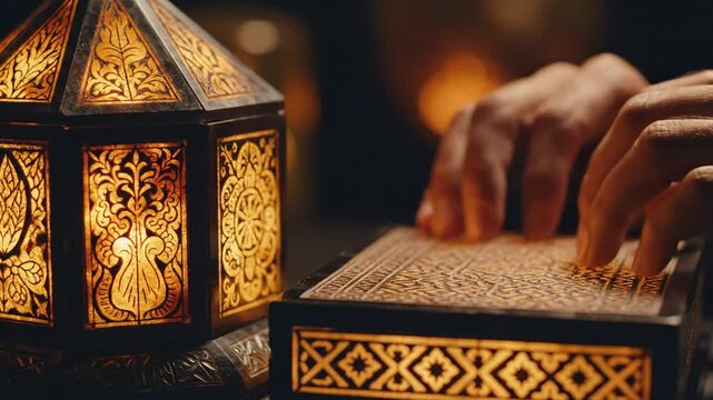 Intricate Lantern and Hands Opening a Decorative Box, Warm Glow, Mystical Atmosphere