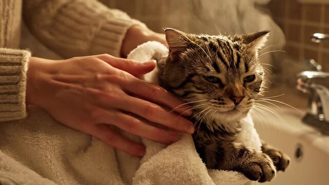 A person's hands gently drying a wet tabby cat with a soft white towel after a bath, the cat looking slightly displeased.