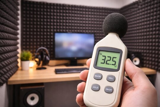 Measuring Noise Level in Soundproof Studio. Hand holding digital sound level meter measuring decibels in acoustic foam treated recording studio.