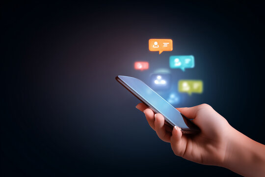 M&atilde;o segurando smartphone com &iacute;cones digitais simboliza comunica&ccedil;&atilde;o online, aplicativos m&oacute;veis, redes sociais e intera&ccedil;&atilde;o tecnol&oacute;gica no ambiente virtual.