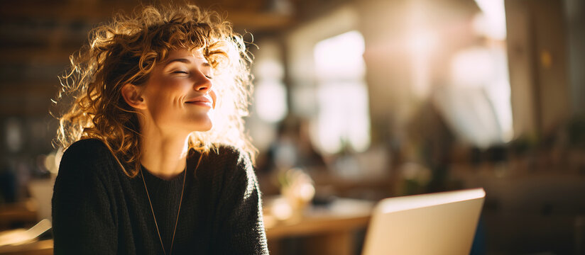 Serene young woman with curly hair relaxing with closed eyes in golden sunlight while working at a cafe.
