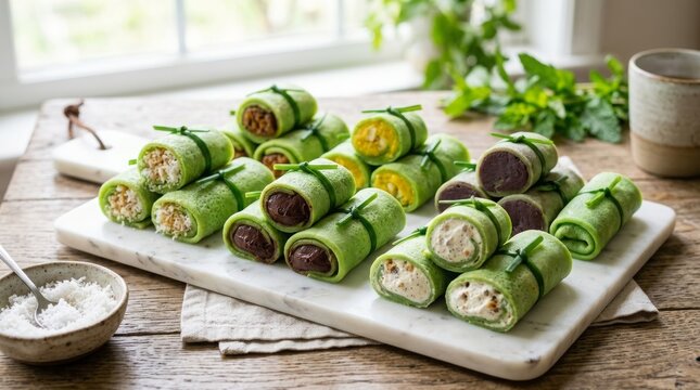 Assortment of colorful dadar gulung rolls with various fillings on a marble board