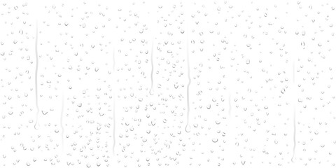 Realistic transparent scattered dew or rain water drops on wet clear window glass surface crystal...