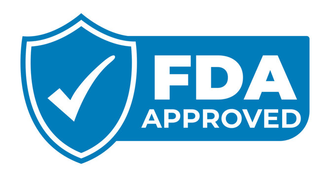Blue FDA Approved isolated sticker, sign with Tick inside Shield icon vector illustration
