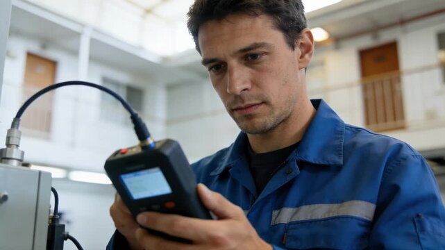 Technician using testing equipment at indoor ports in a duplex setting main activity in clear focus and surrounding environment subtly out of focus.