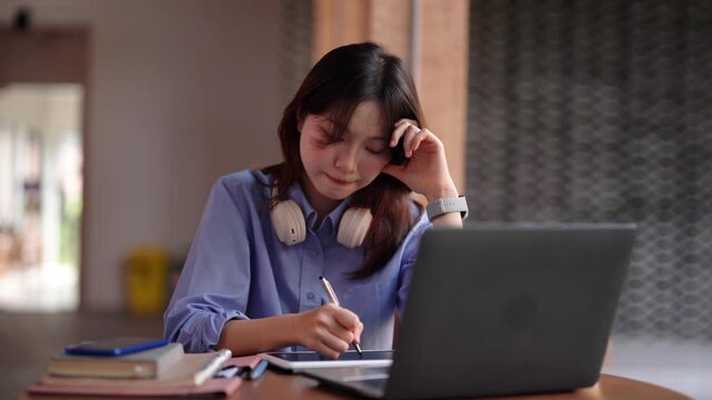 Asian young woman studying online using digital tablet stylus pen laptop concentrated thinking creative work learning education remote productivity modern lifestyle