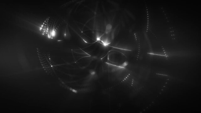 Abstract monochrome particle network with glowing dots and flowing lines forming a futuristic digital structure with depth and smooth motion.