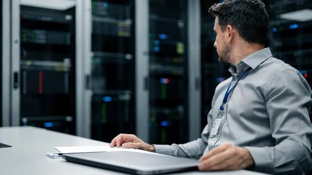 Medium shot of engineer configuring secondary ISP settings on a laptop with blurred server racks behind emphasizing automatic call rerouting systems.