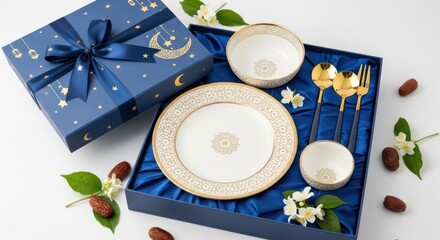 Elegant gift set decorative plate bowls and cutlery in a luxury box