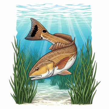 Ikan redfish berenang di padang rumput laut di perairan yang jernih.