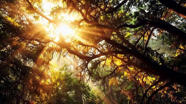 Sunlight filtering through forest trees