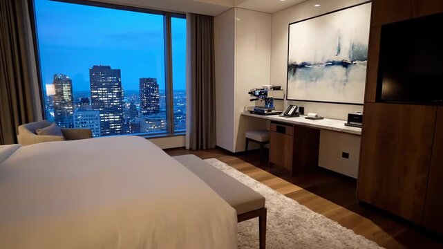 City View Luxury Hotel Suite Interior At Dusk.