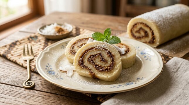 Freshly sliced Indonesian getuk roll cake with mint garnish on rustic wooden table