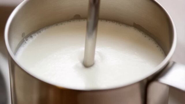 Milk frothing process in stainless steel pitcher captured in motion sequence