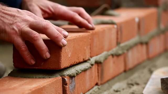 Hands skillfully lay bricks on fresh mortar in construction sequence
