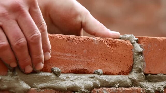 Precision bricklaying: hands laying bricks with mortar in professional construction process