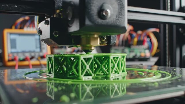 Close Up 3D Printer Extruding Green Plastic Prototype.
