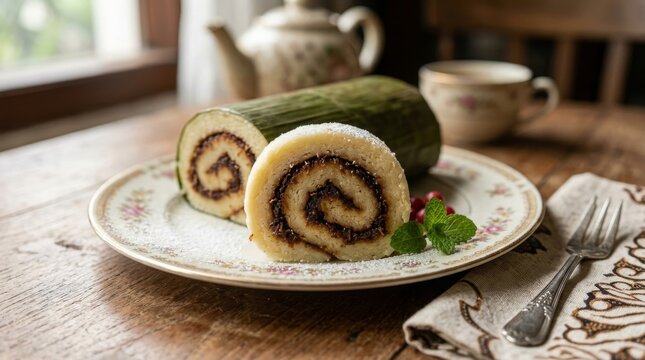 Freshly sliced traditional getuk roll cake on decorative plate with mint garnish