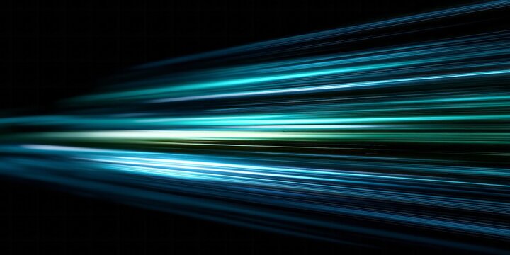 Bright streaks of cyan and blue light accelerate toward the viewer against a dark background