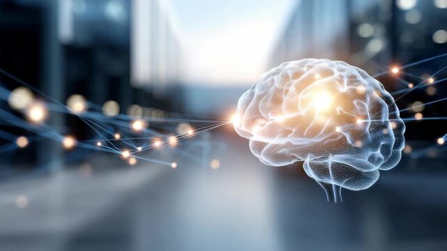 Digital brain with glowing neural connections symbolizes artificial intelligence, futuristic technology. Abstract visualization neural networks, data processing in modern cityscape background