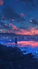 Obraz premium Girl Gazing at Starry Night Sky Over City