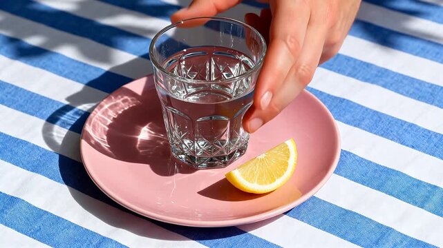 Glass of water with lemon on plate