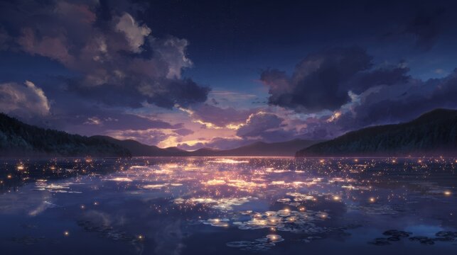 Serene Lake at Twilight with City Lights Reflection