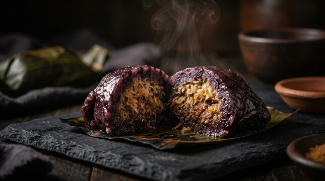 Traditional Indonesian Bugis cake cut open showing sweet palm sugar filling on rustic table